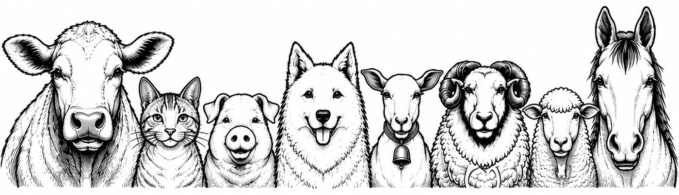 Black-and-white illustrations of a cow, cat, pig, dog, goat, ram, sheep, and horse.